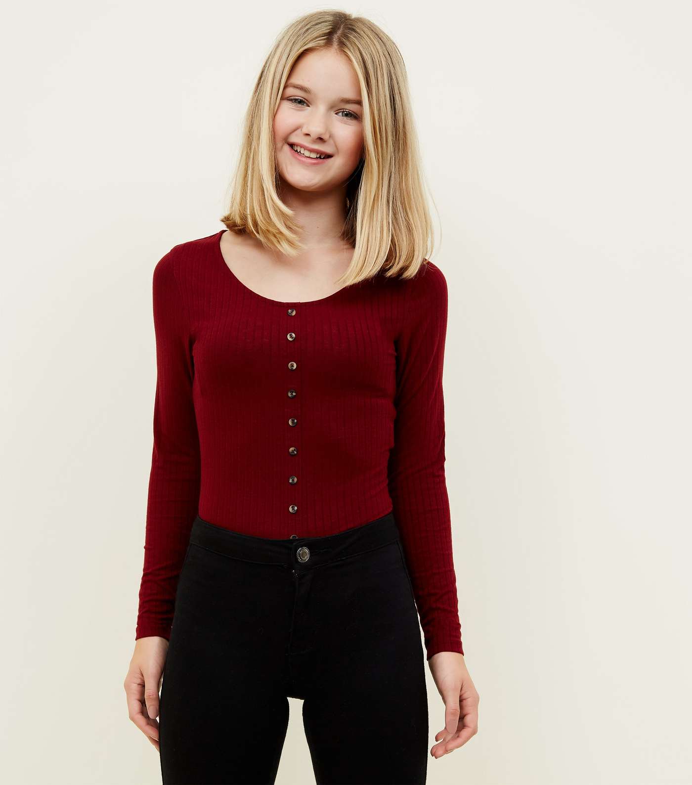 Girls Burgundy Ribbed Button Front Long Sleeve Top