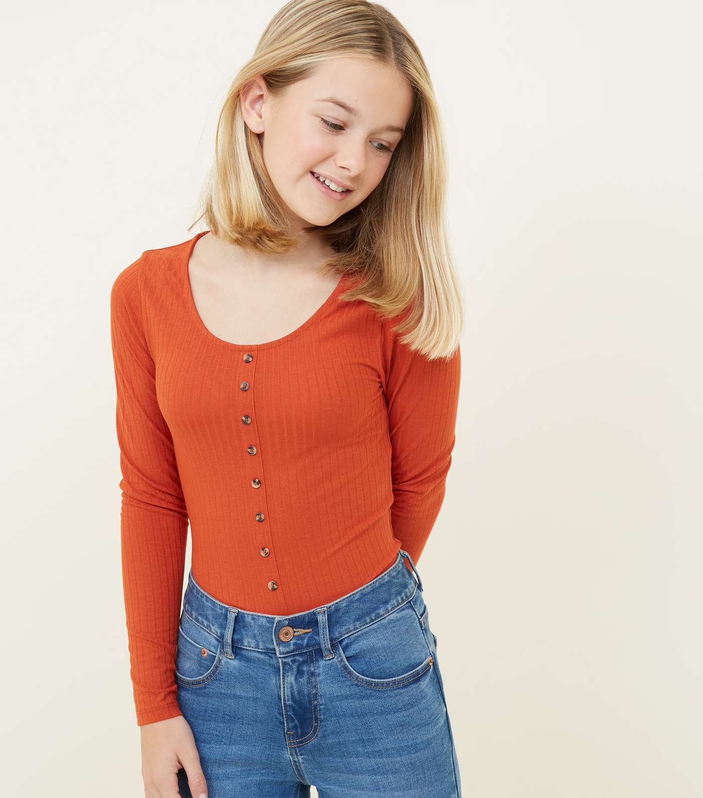 Girls Orange Ribbed Button Front Top 