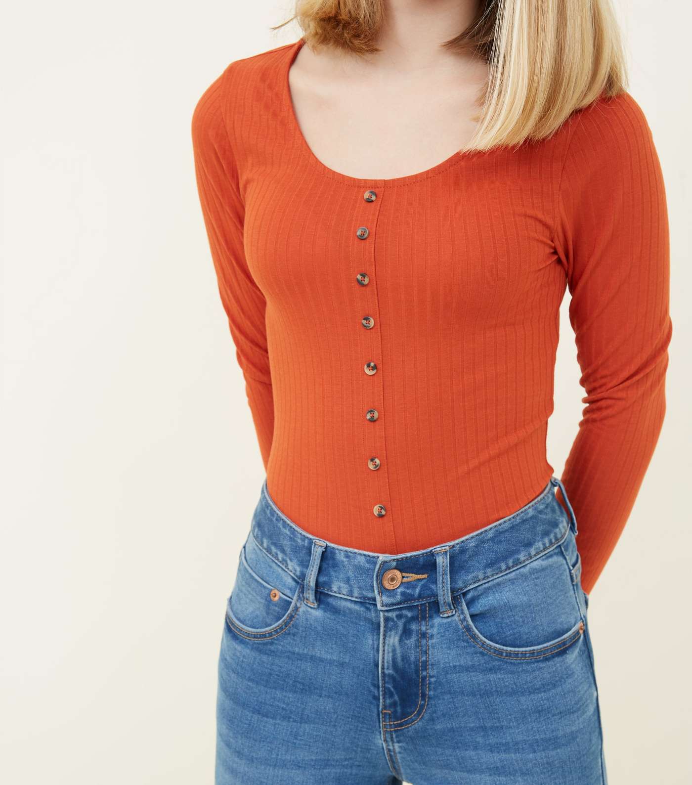 Girls Orange Ribbed Button Front Top  Image 5