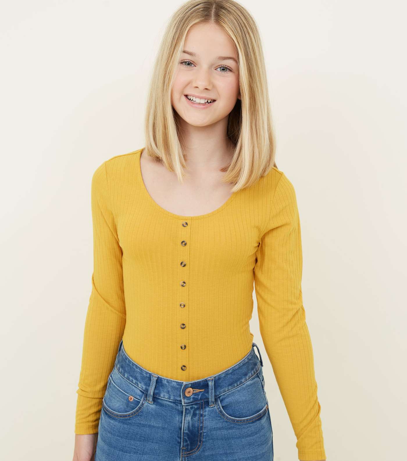 Girls Mustard Ribbed Button Front Top 