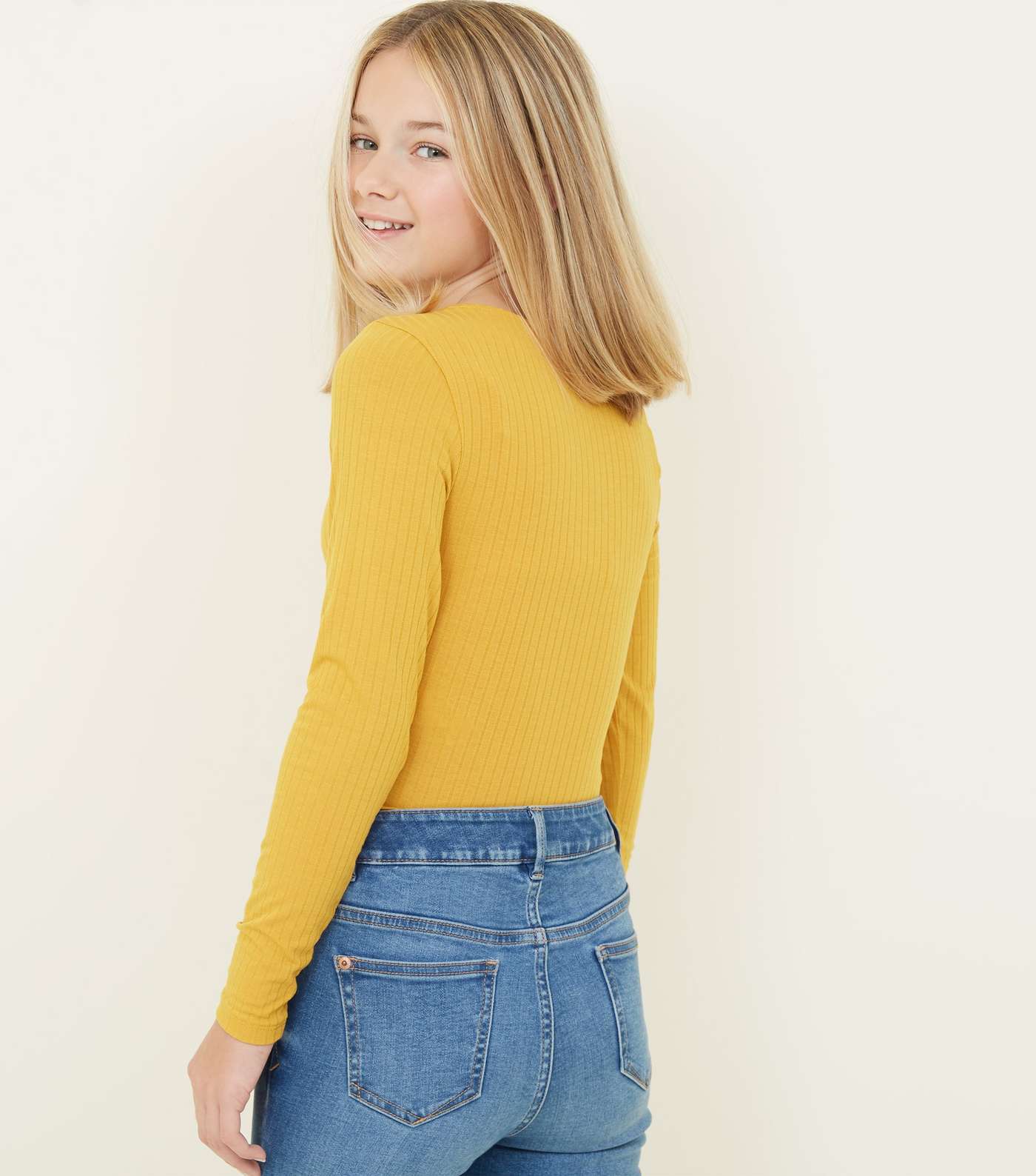 Girls Mustard Ribbed Button Front Top  Image 3