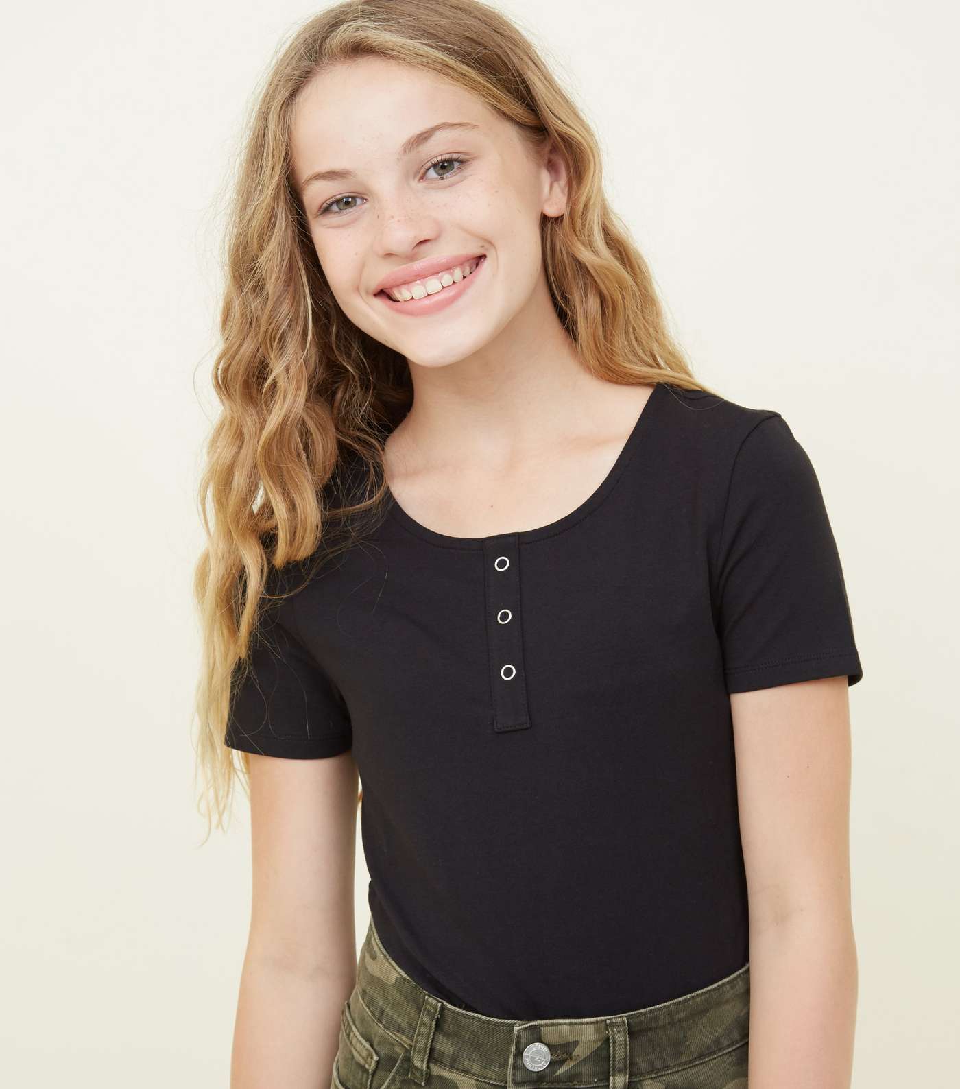 Girls Black Popper Front Fitted T-Shirt