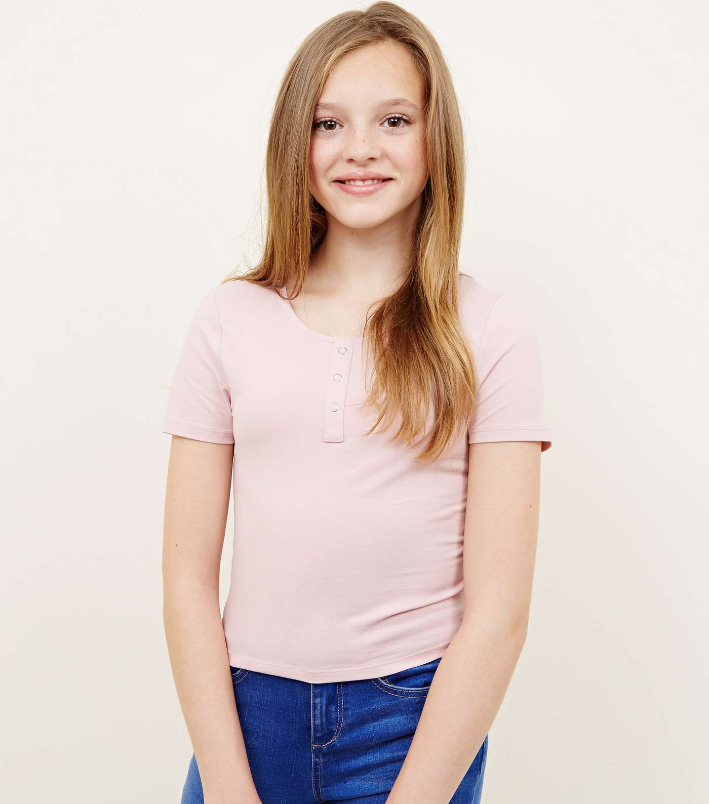 Girls Pale Pink Popper Front Fitted T-Shirt
