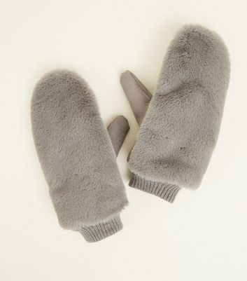 grey faux fur gloves