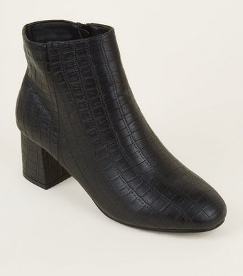 Wide Fit Black Faux Croc Block Heel 