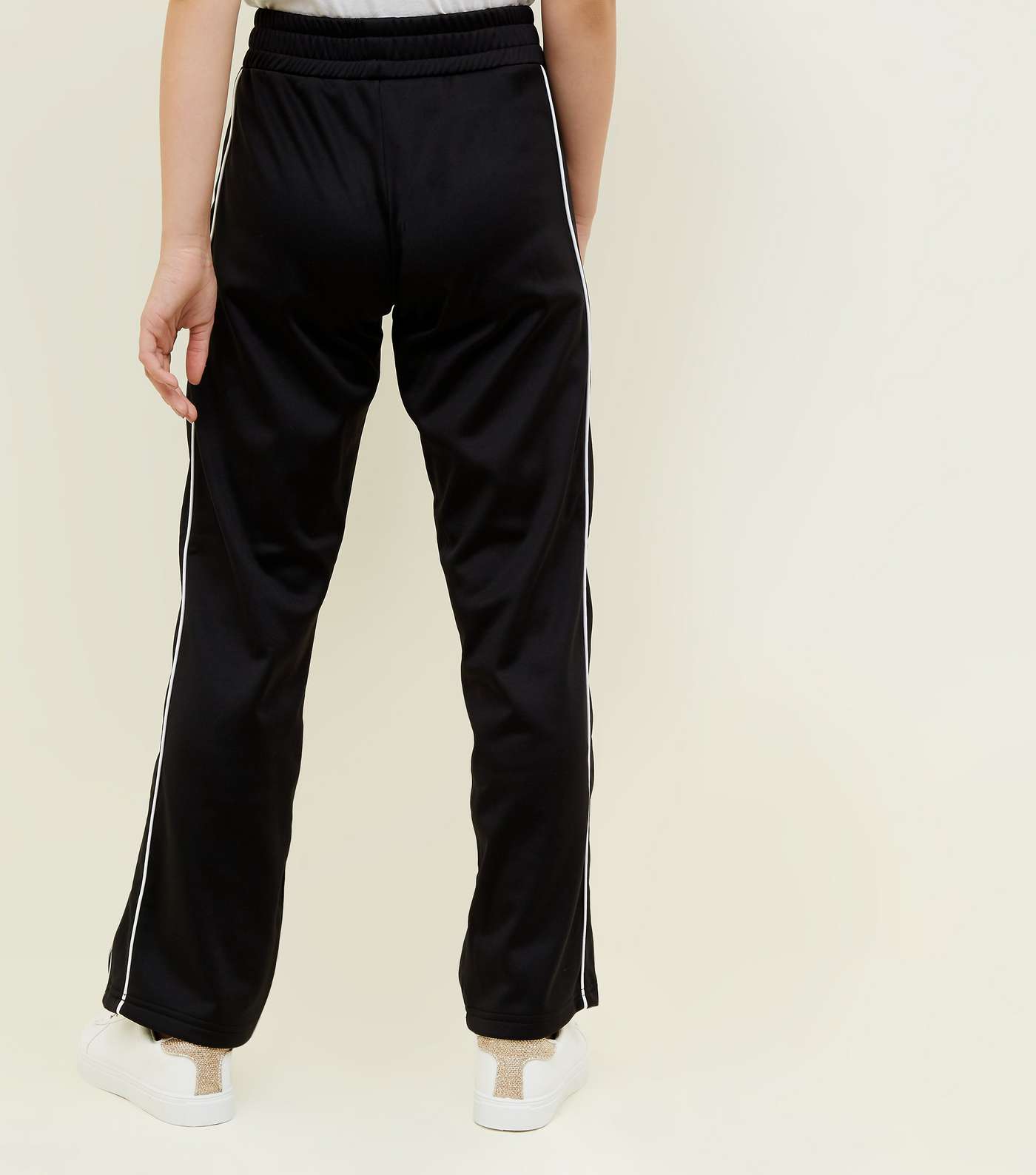 Girls Black High Shine Piped Side Stripe Joggers Image 3