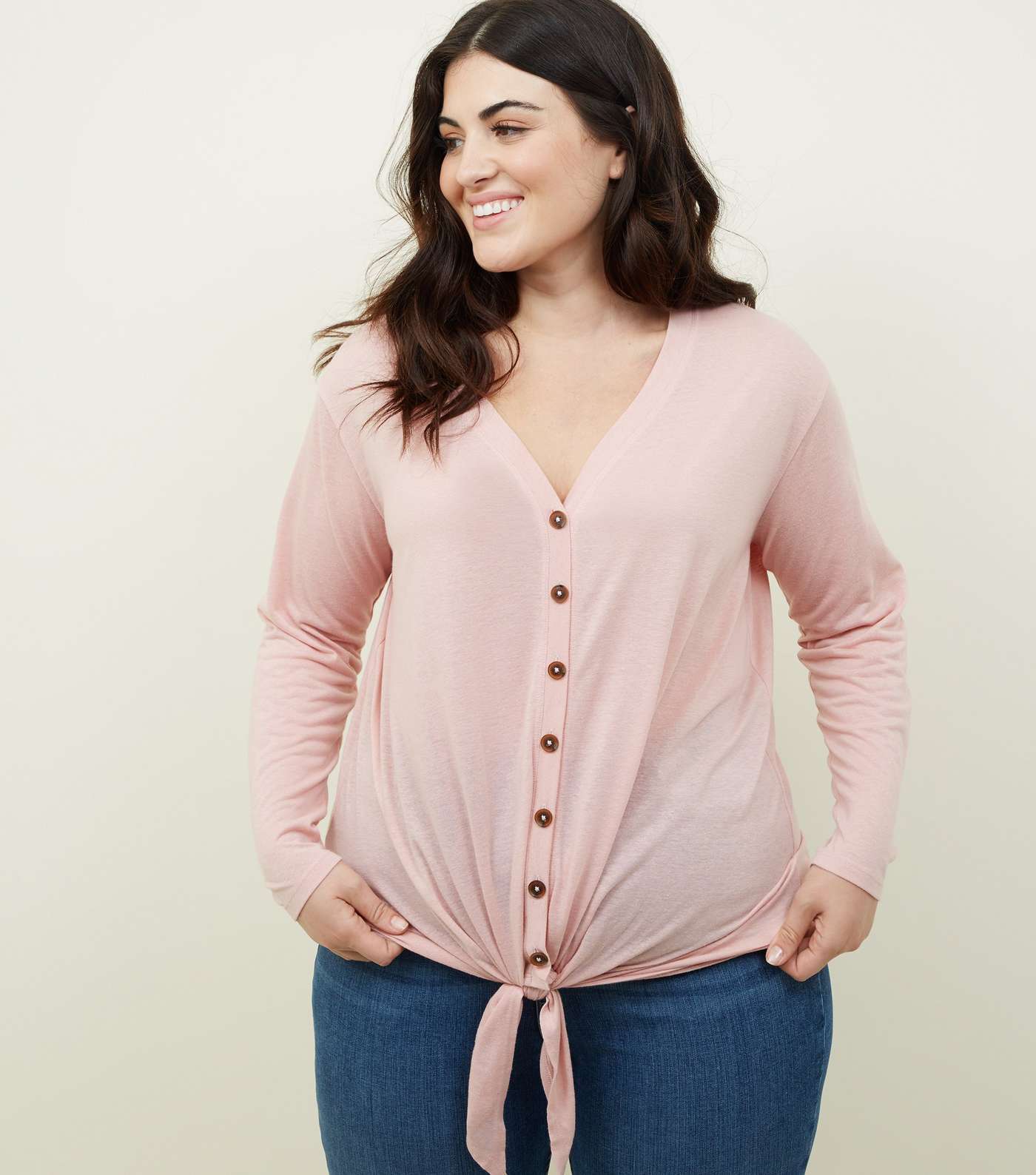 Curves Pink Tie Through Button Front Top