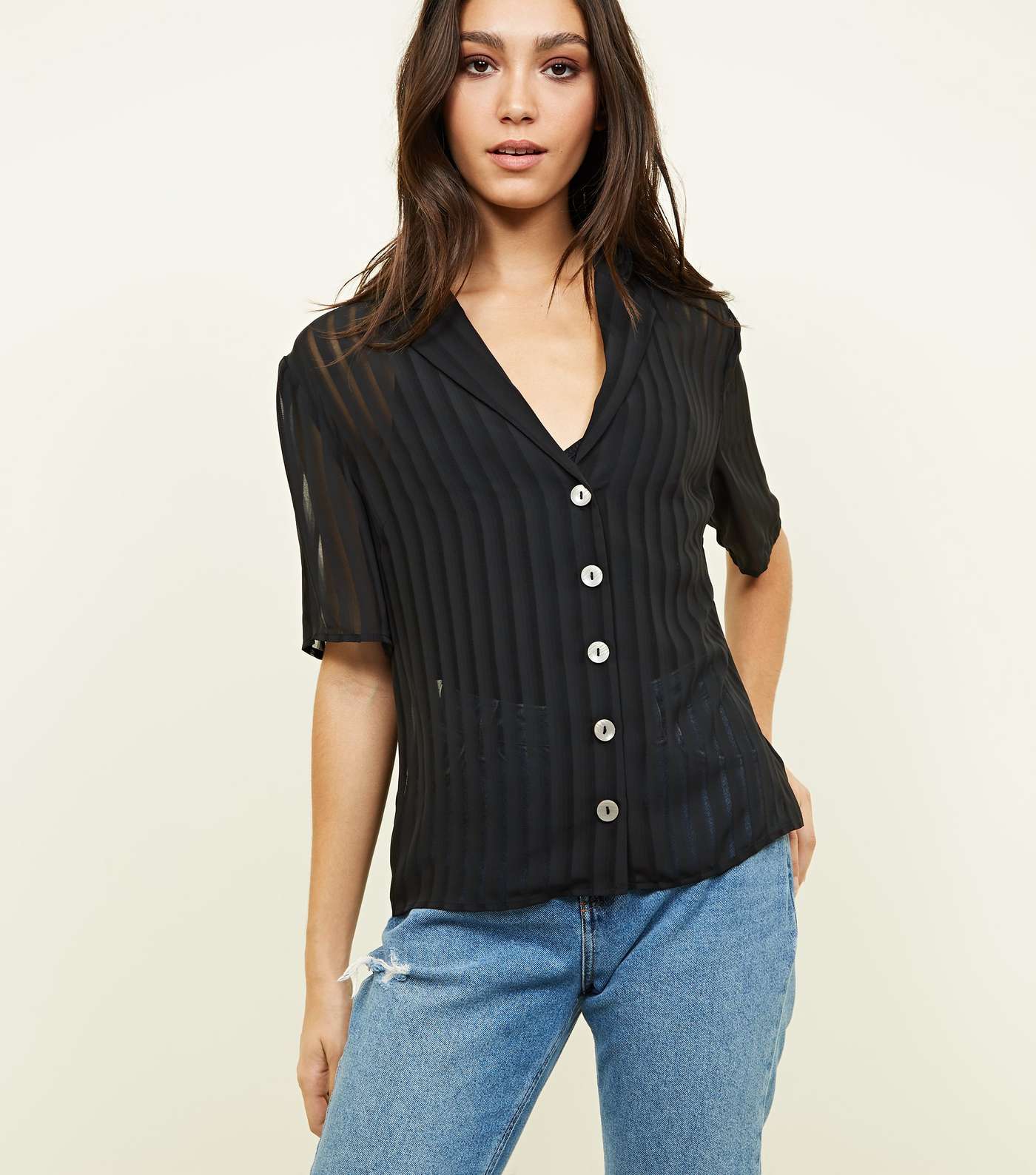 Black Stripe Chiffon Short Sleeve Shirt