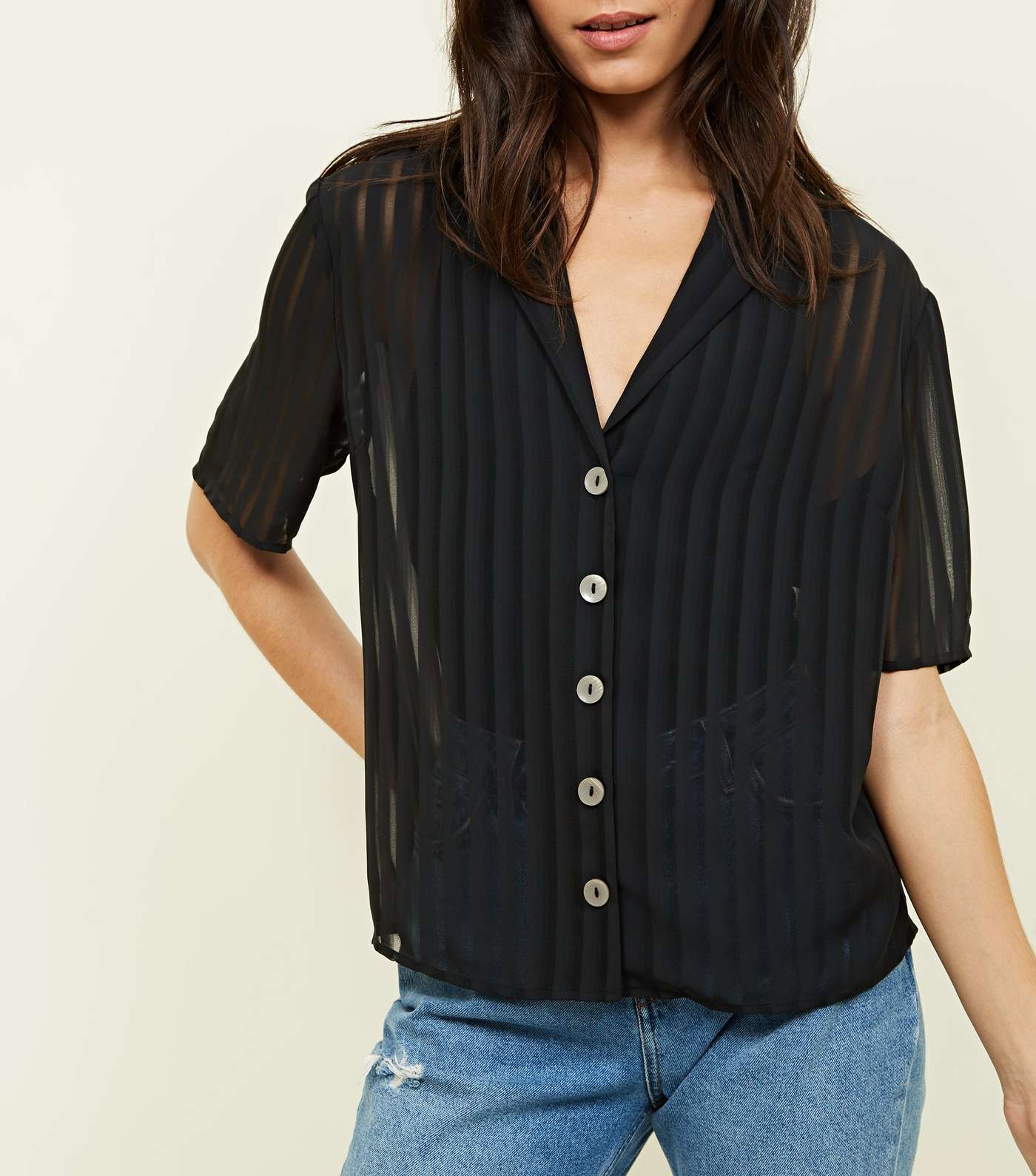 Black Stripe Chiffon Short Sleeve Shirt Image 5