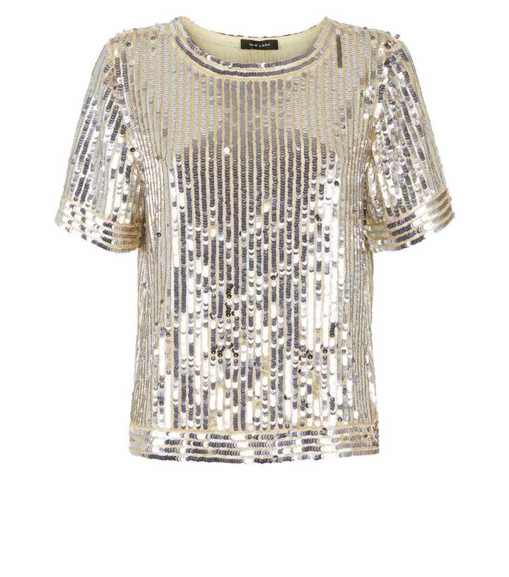 Silberfarbenes T-Shirt mit durchgehendem Paillettenbesatz New Look 