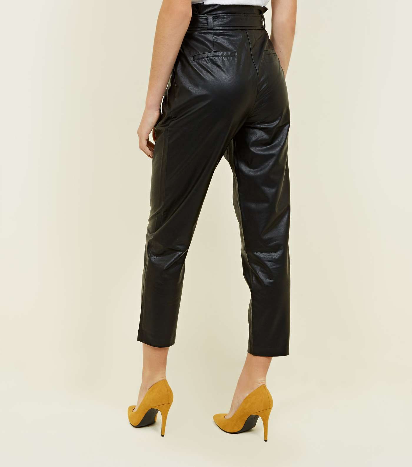 Black Leather-Look Tie Waist Tapered Trousers Image 3