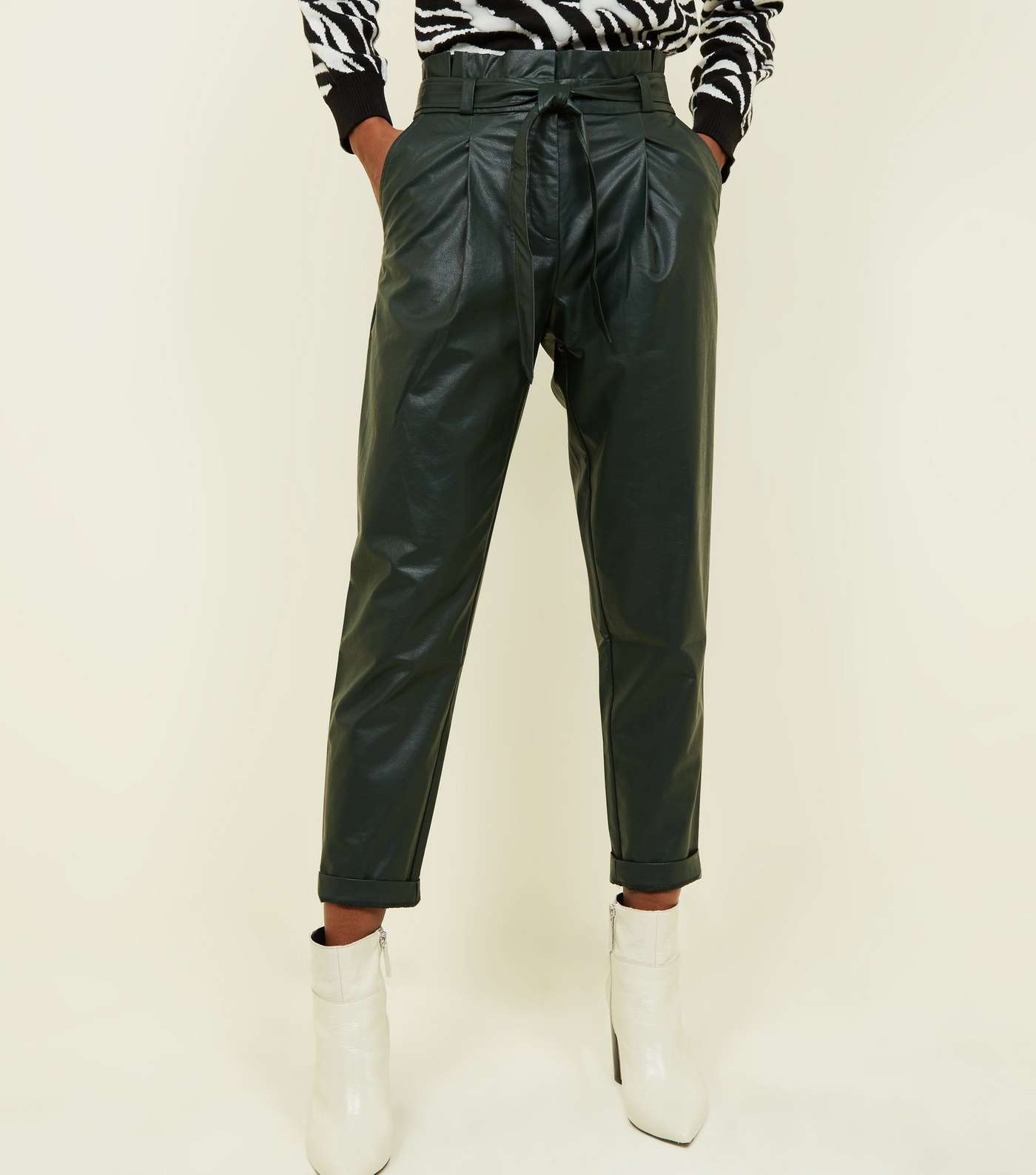 Dark Green Leather-Look Paperbag Trousers Image 2