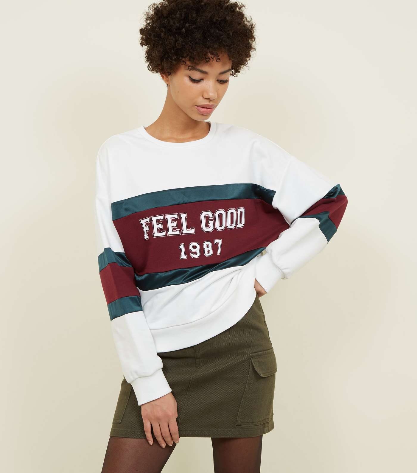 White Feel Good Slogan Colour Block Sweatshirt 