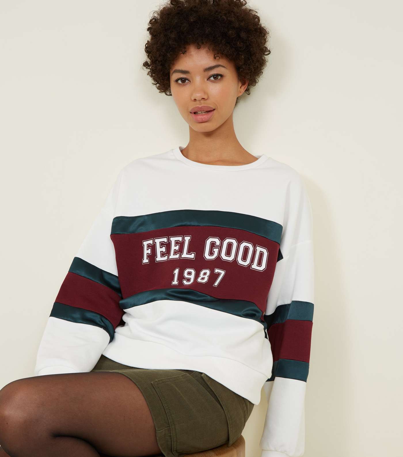 White Feel Good Slogan Colour Block Sweatshirt  Image 5