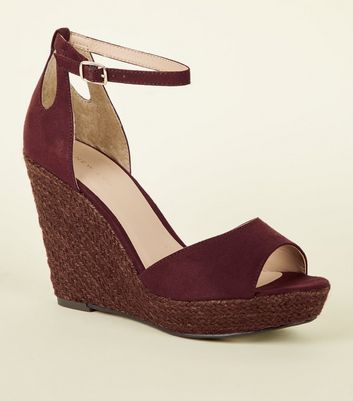 Dark Red Suedette Espadrille Wedges 