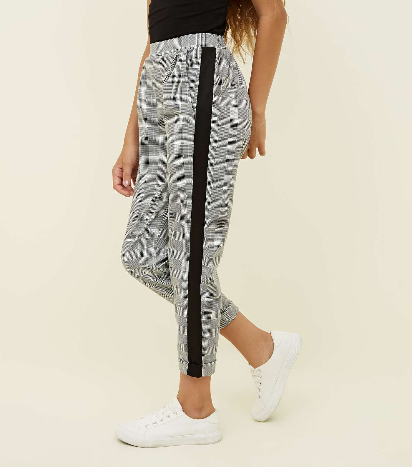 Girls Grey Side Stripe Check Pull-On Trousers Image 2