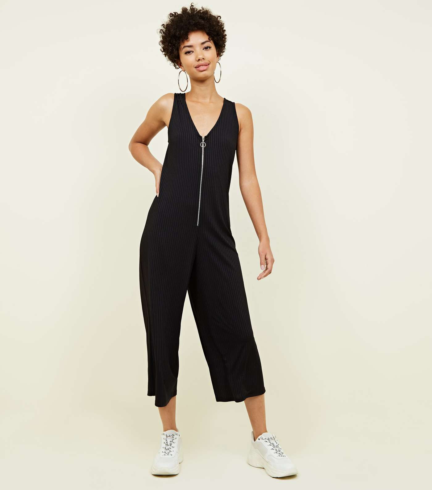 Black Ribbed Ring Pull Zip Front Jumpsuit