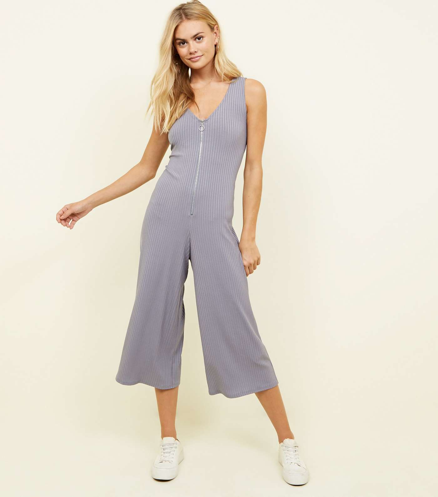 Grey Ribbed Ring Pull Zip Front Jumpsuit