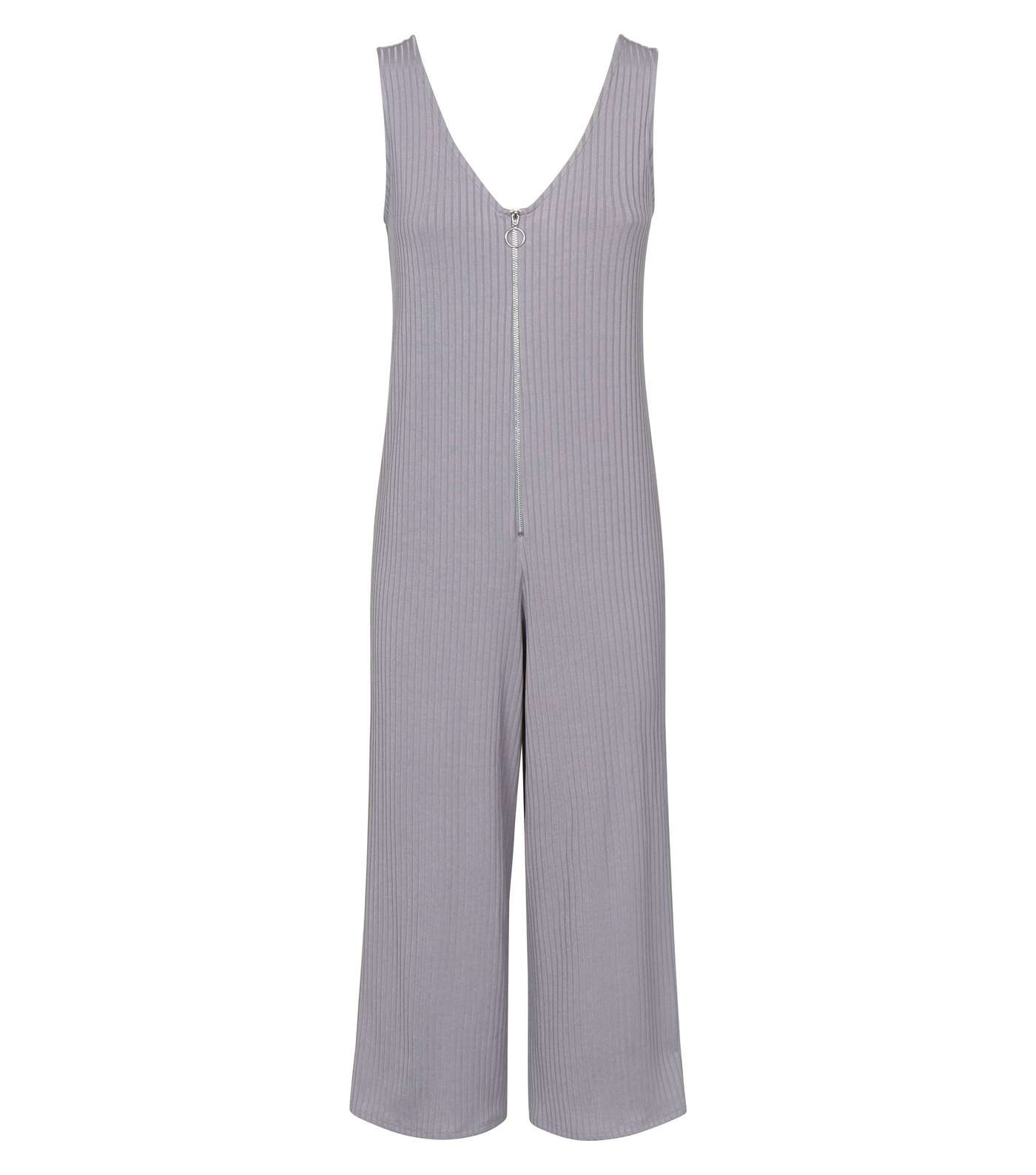 Grey Ribbed Ring Pull Zip Front Jumpsuit Image 3