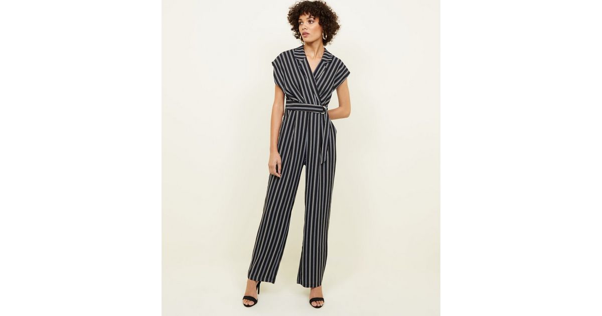 Black Stripe Revere Collar Belted Jumpsuit New Look