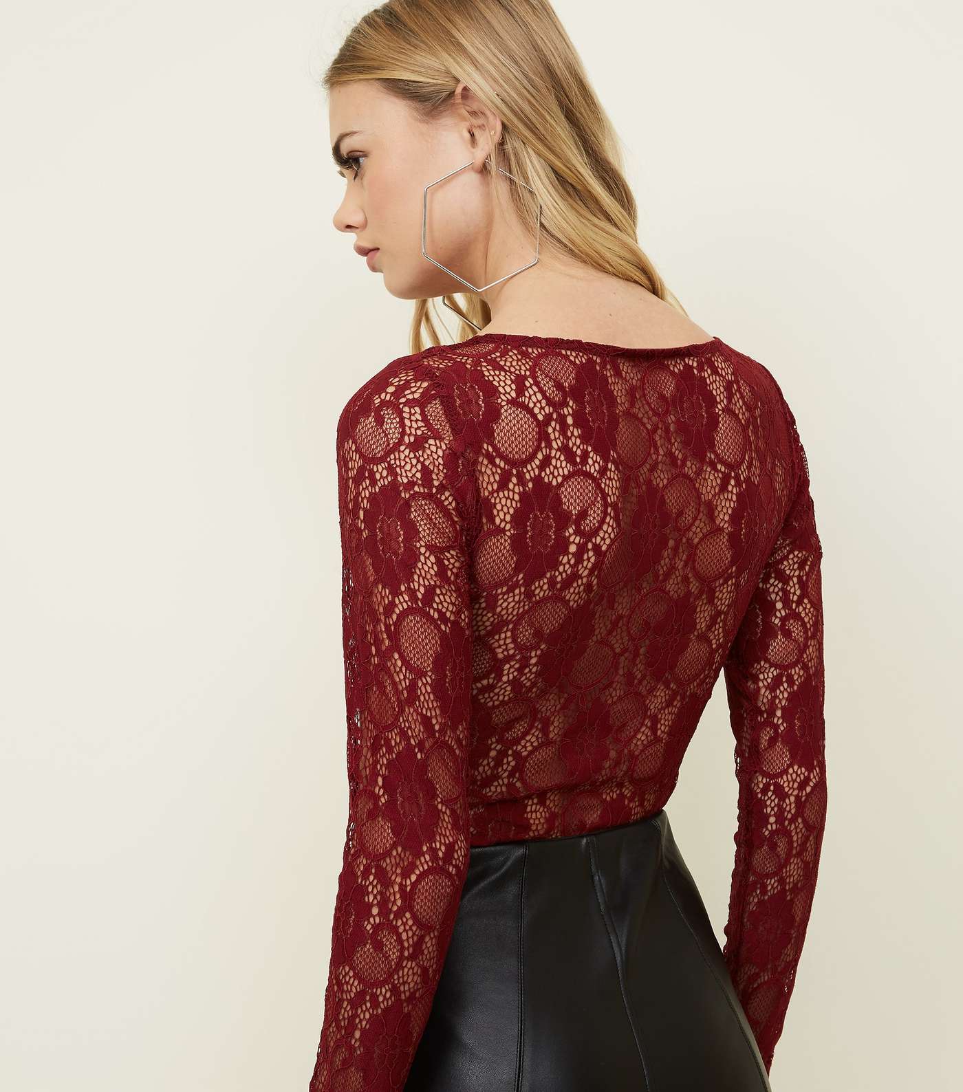 Burgundy Lace Long Sleeve Bodysuit Image 3