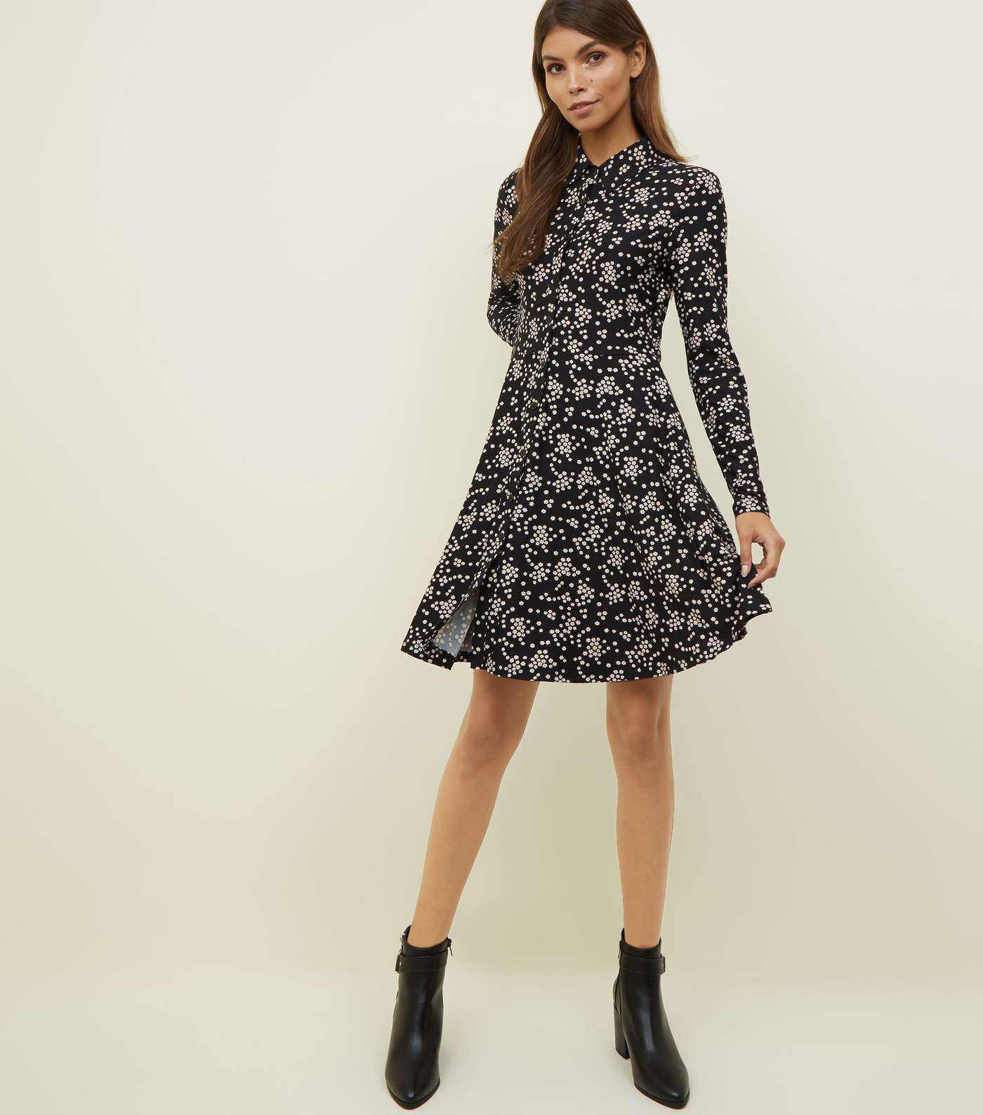 Black Ditsy Floral Soft Touch Shirt Dress Image 2