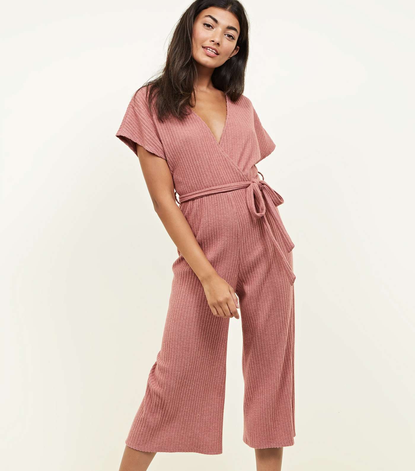 Mid Pink Brushed Soft Touch Wrap Jumpsuit