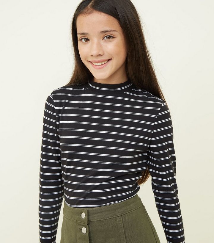 Girls Black Stripe High Neck Long Sleeve T Shirt New Look