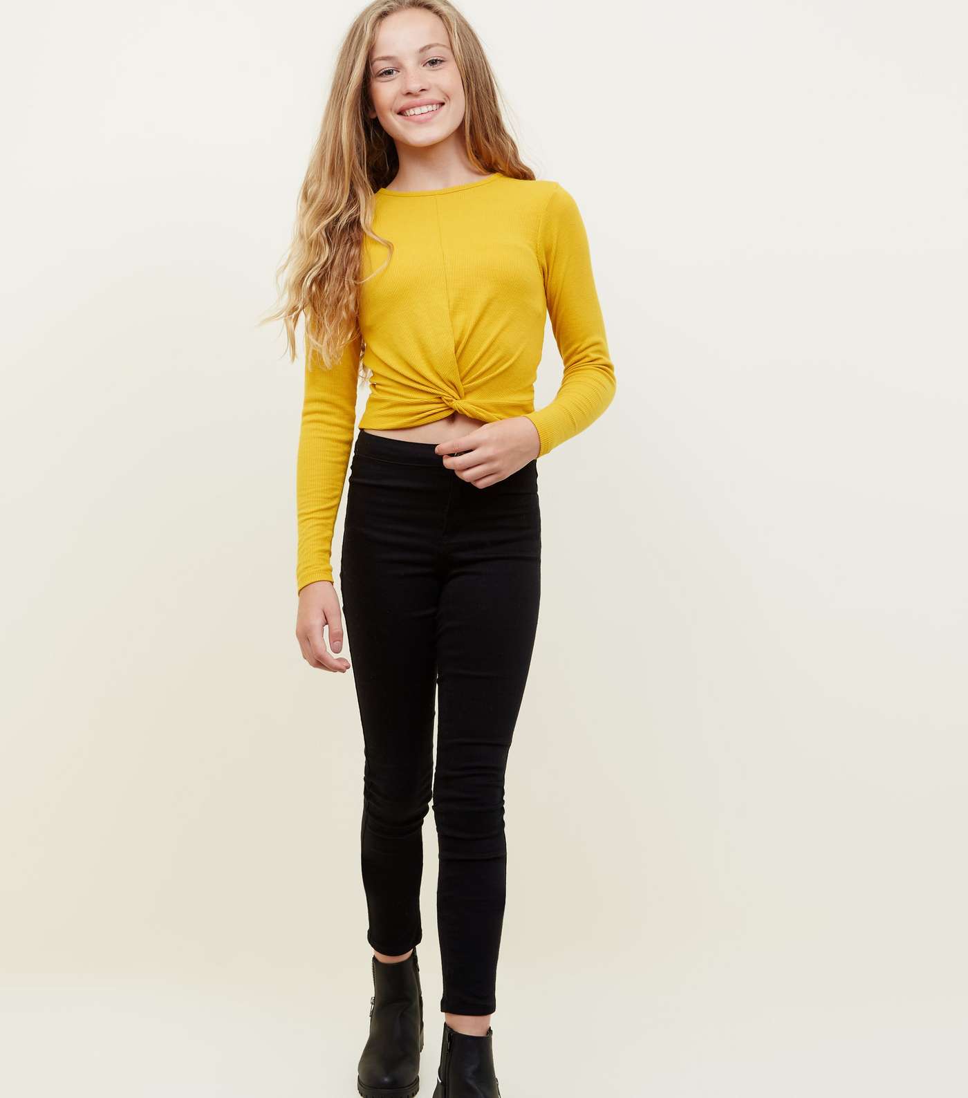 Girls Mustard Ribbed Long Sleeve Twist Front Top  Image 2