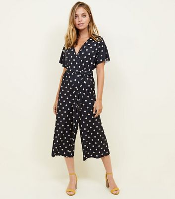 Petite Black Spot Print Wrap Culotte Jumpsuit | New Look