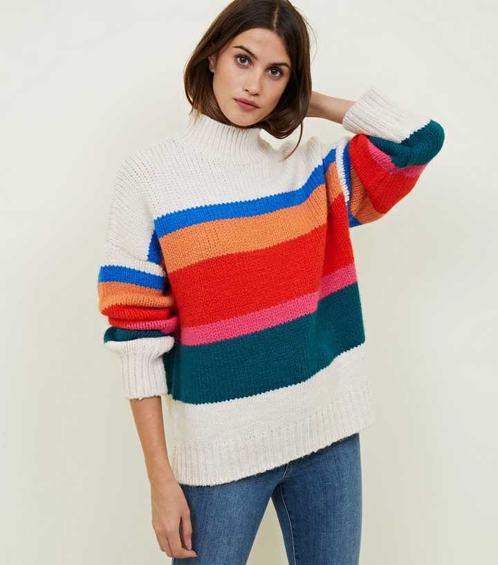 Off White High Neck Rainbow Stripe Panel Jumper