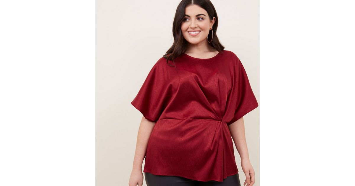 Curves Burgundy Herringbone Satin Twist Front Top New Look