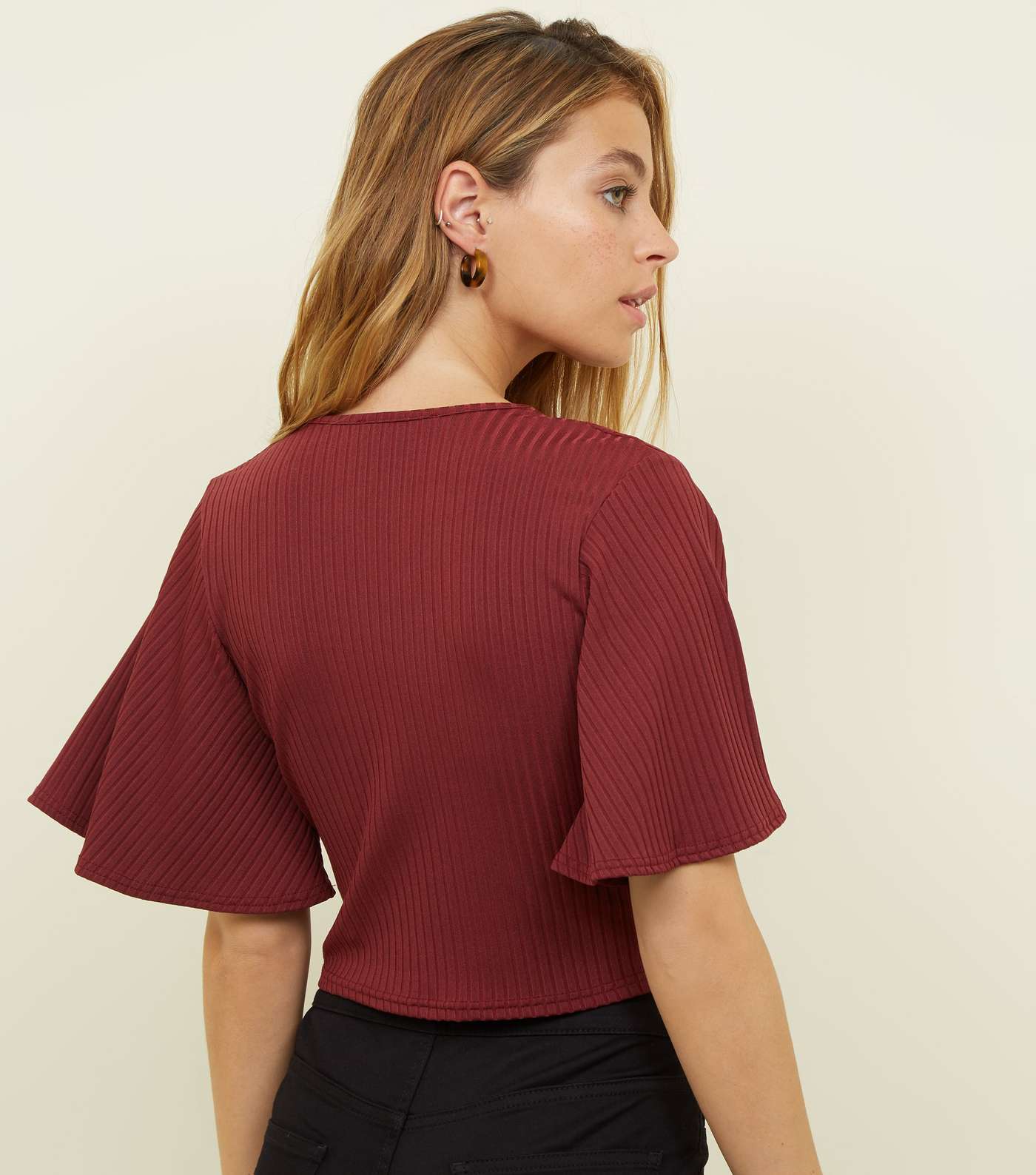 Petite Burgundy Ribbed Ring Buckle Wrap Top Image 3