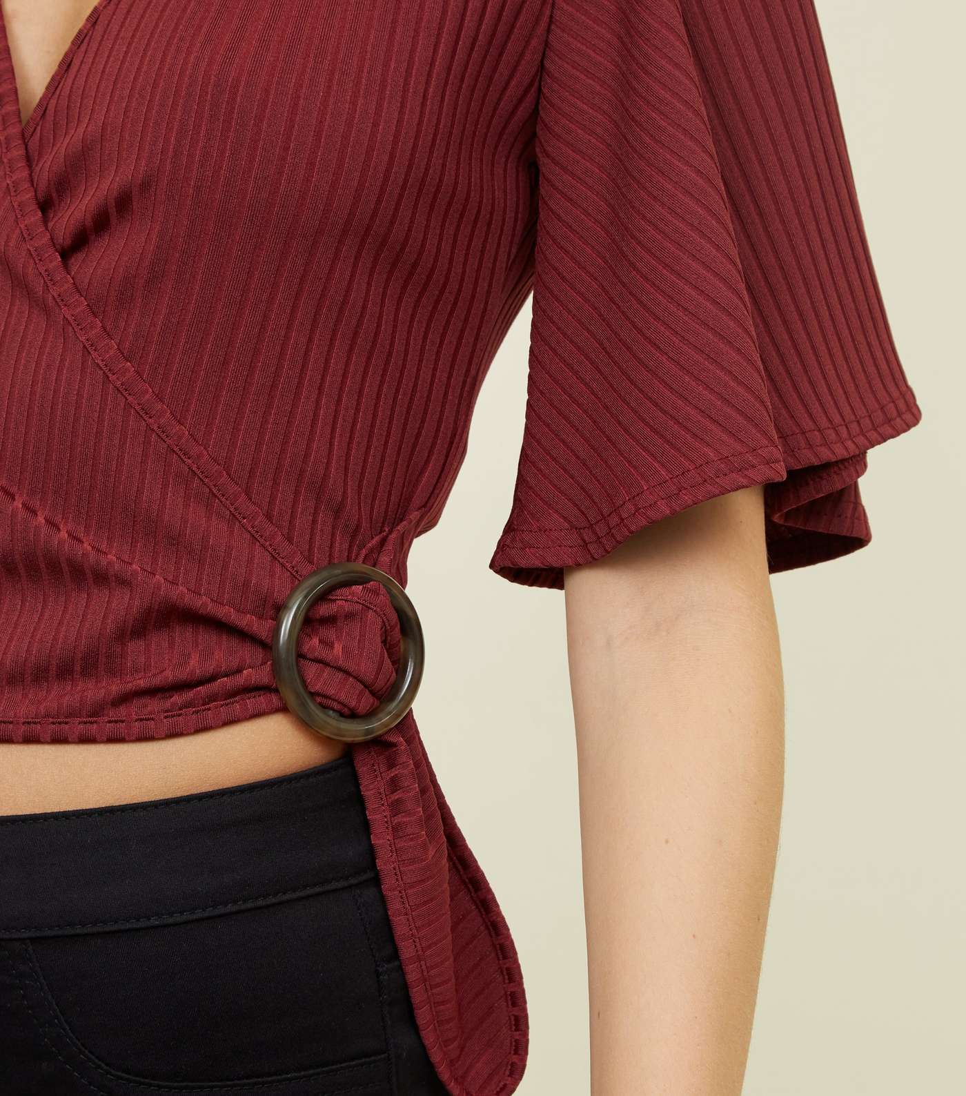 Petite Burgundy Ribbed Ring Buckle Wrap Top Image 5