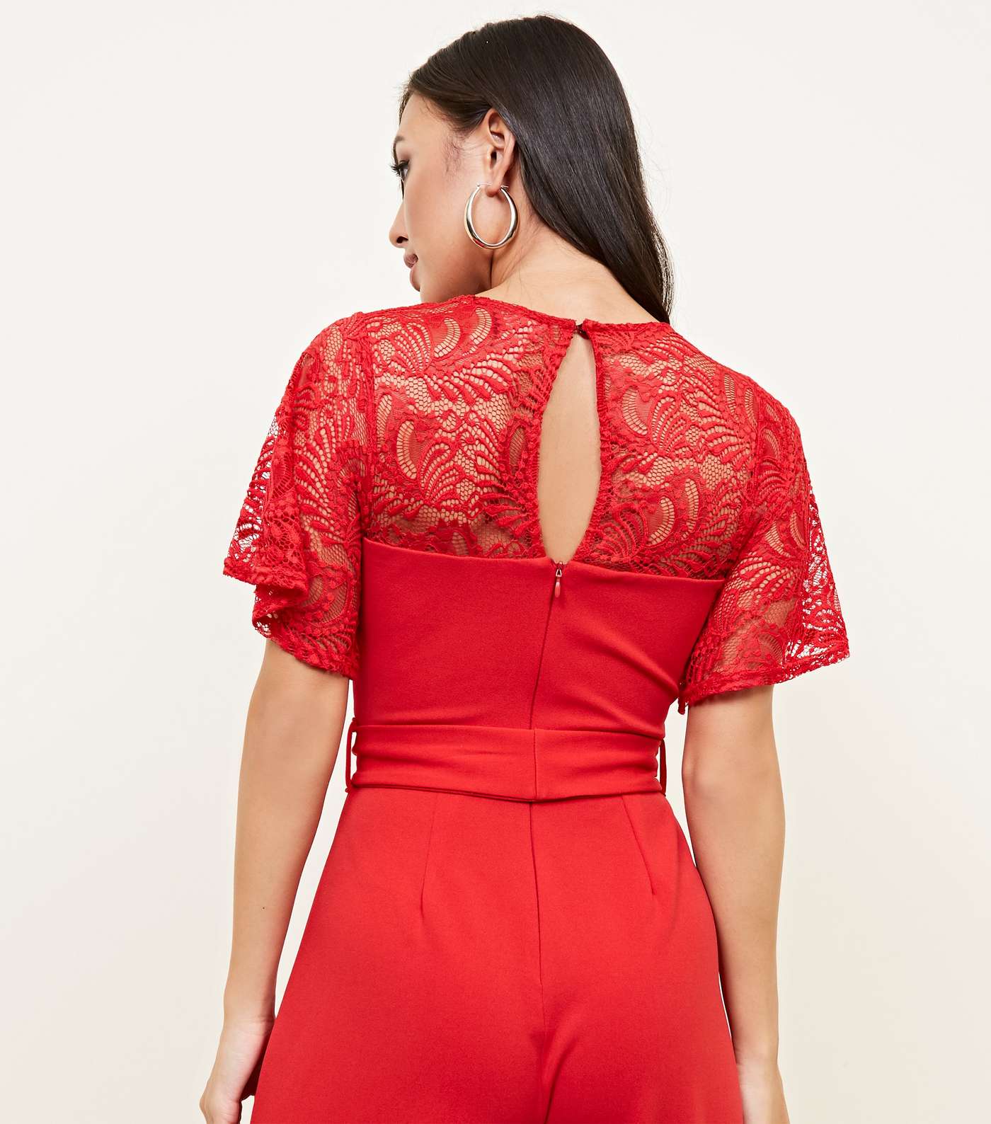 Red Lace Yoke Belted Wide Leg Jumpsuit Image 3