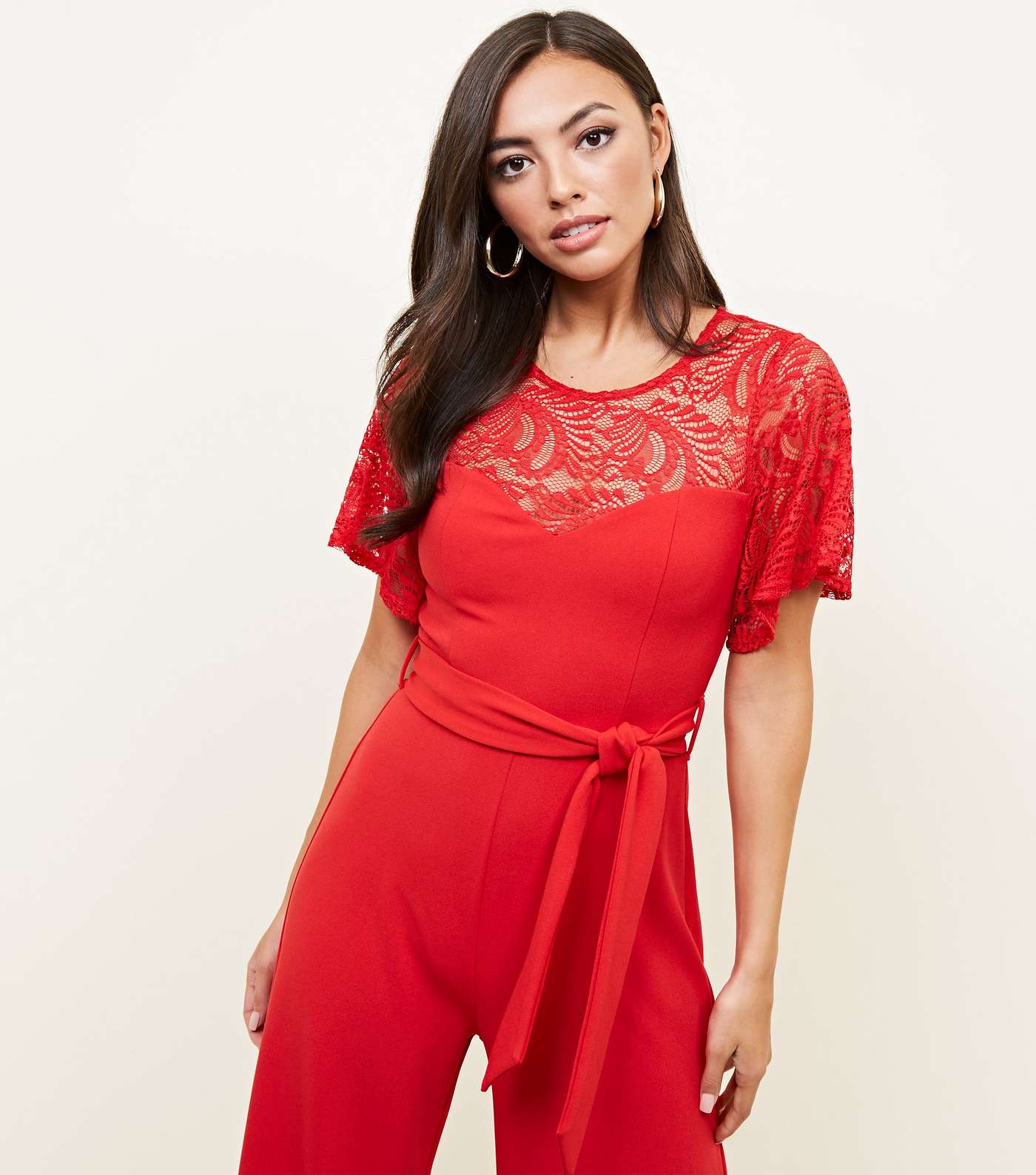 Red Lace Yoke Belted Wide Leg Jumpsuit Image 5