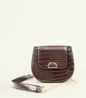 Dark Brown Faux Croc Saddle Bag | New Look