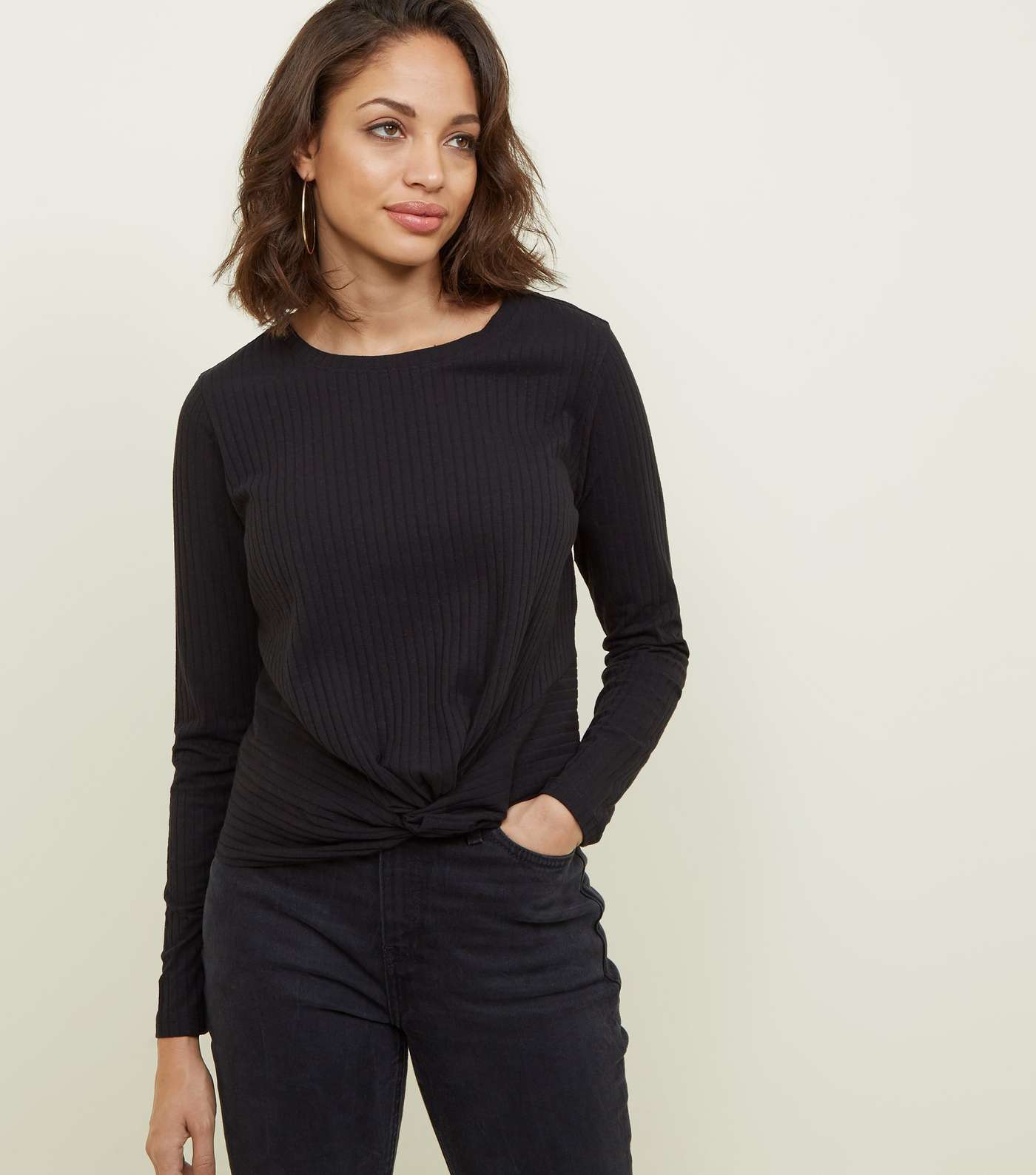 Black Ribbed Twist Front Long Sleeve Top