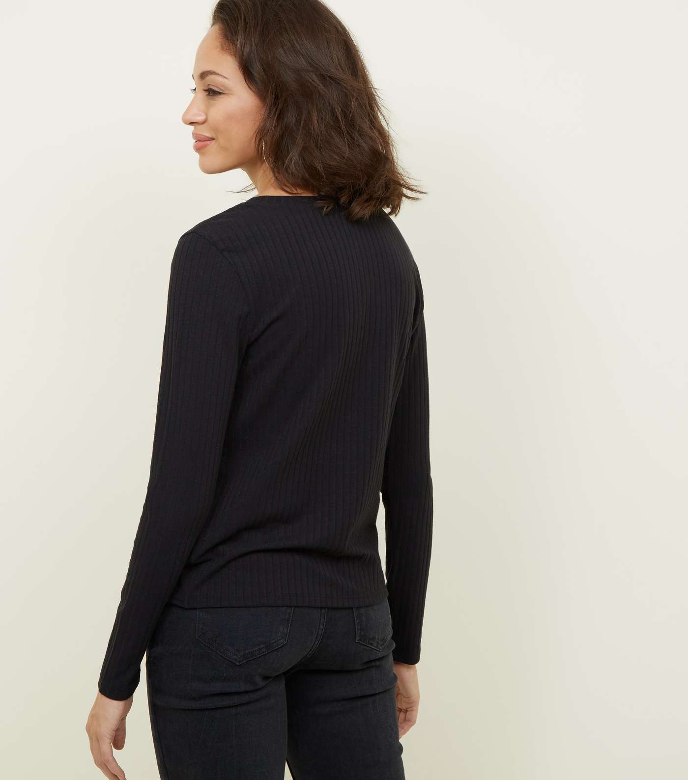 Black Ribbed Twist Front Long Sleeve Top Image 3