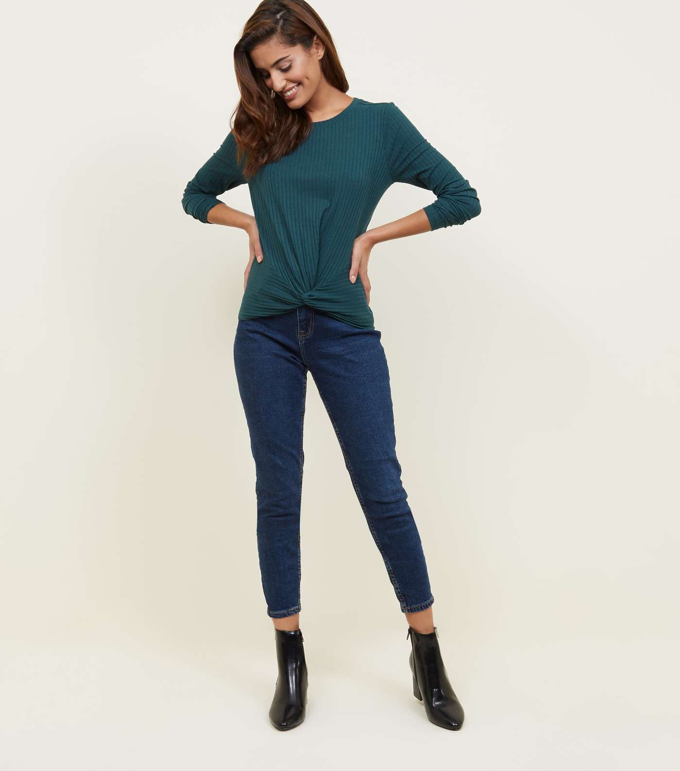 Dark Green Ribbed Twist Front Long Sleeve Top Image 2