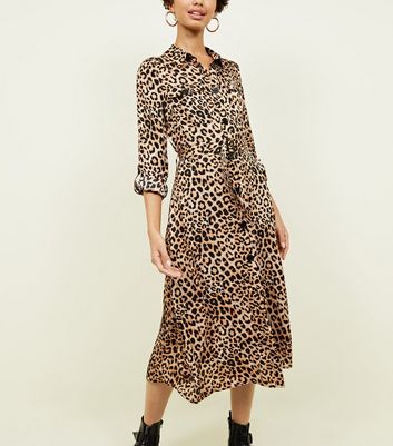 leopard print satin shirt dress