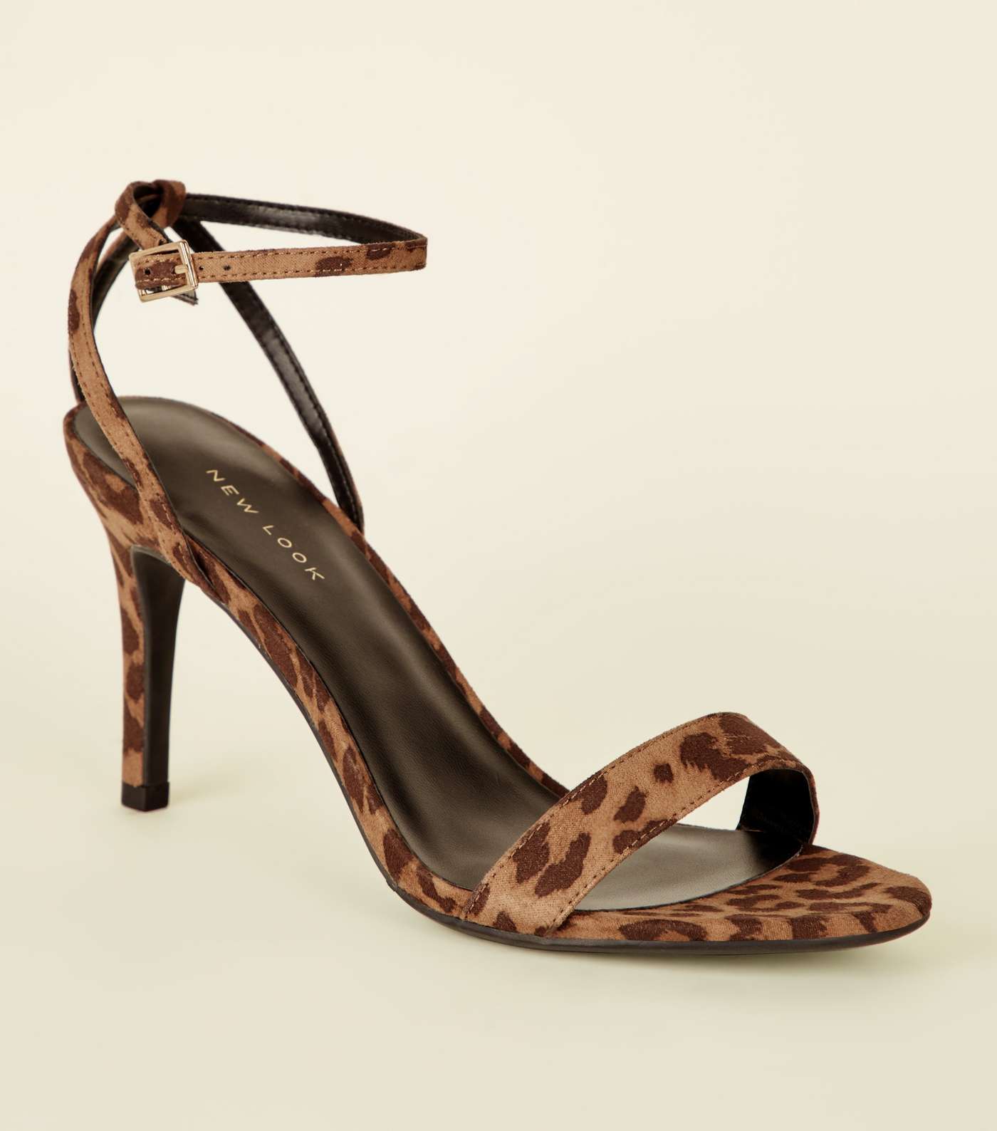 Stone Suedette Leopard Print Strappy Stiletto Heeled Sandals