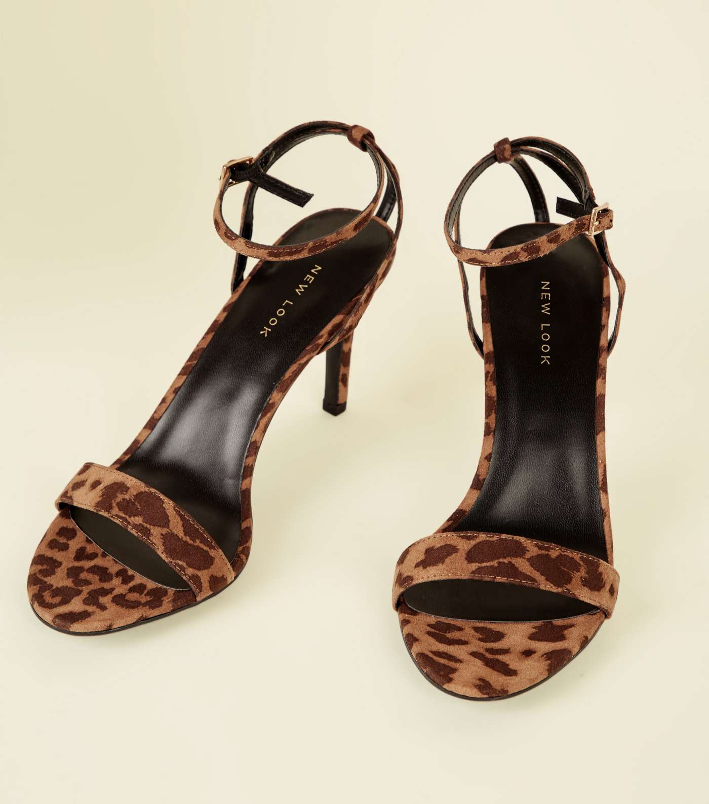 Stone Suedette Leopard Print Strappy Stiletto Heeled Sandals Image 3