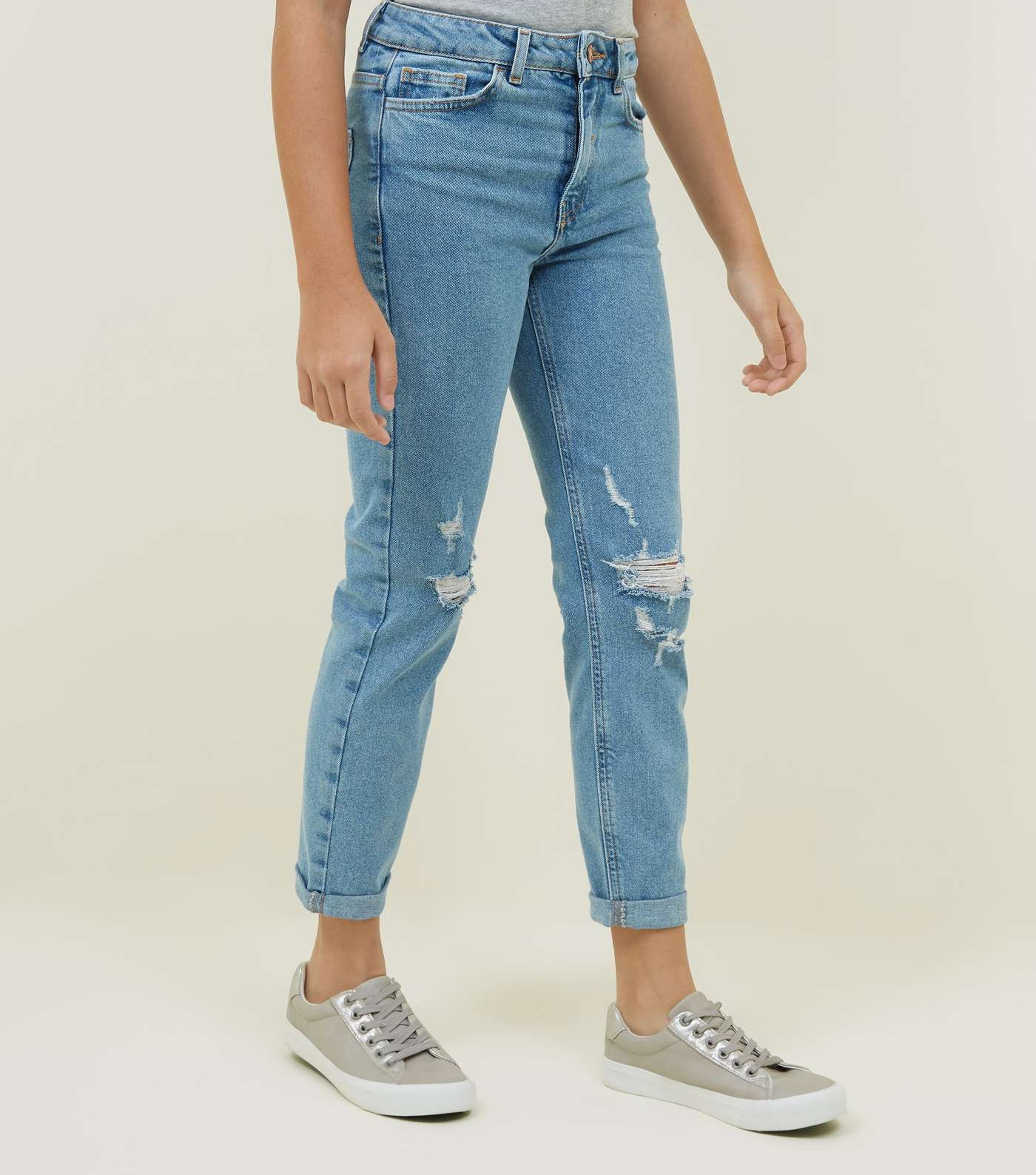 Girls Blue Ripped Stretch Mom Jeans Image 2