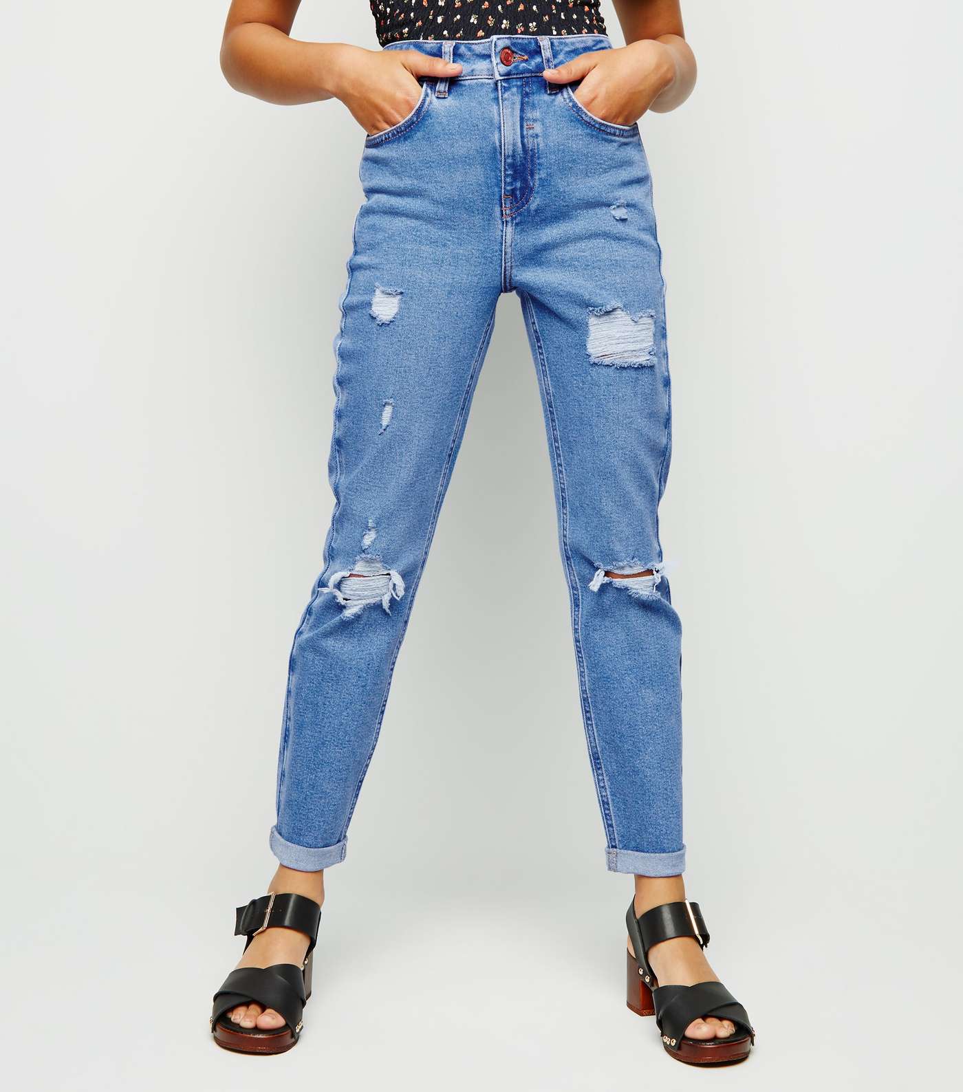 Girls Bright Blue Ripped Stretch Mom Jeans  Image 2