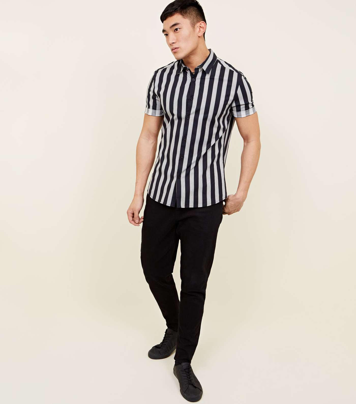 Navy Muscle Fit Stripe Printed Shirt Image 2