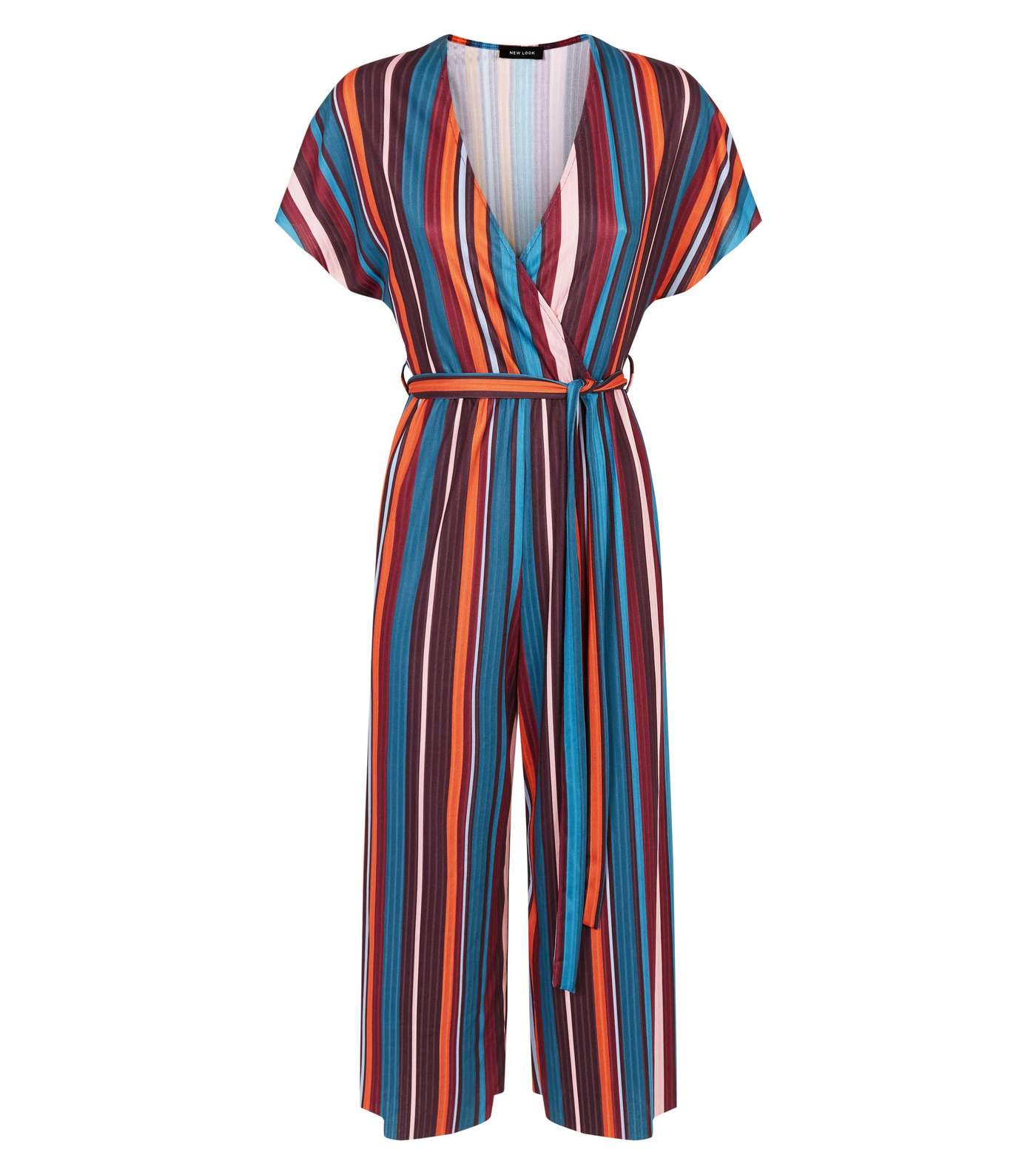 Multi Coloured Stripe Ribbed Wrap Front Jumpsuit Image 4