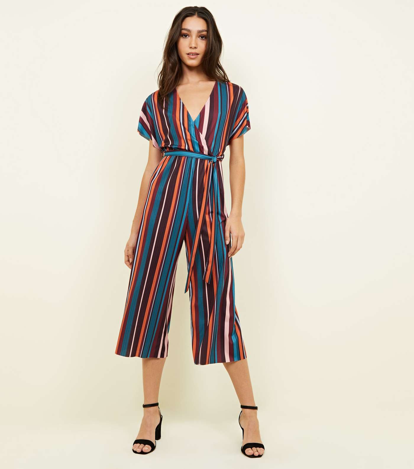 Multi Coloured Stripe Ribbed Wrap Front Jumpsuit Image 2