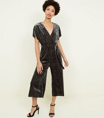 Khaki Leopard Print Velvet Wrap Front Jumpsuit New Look