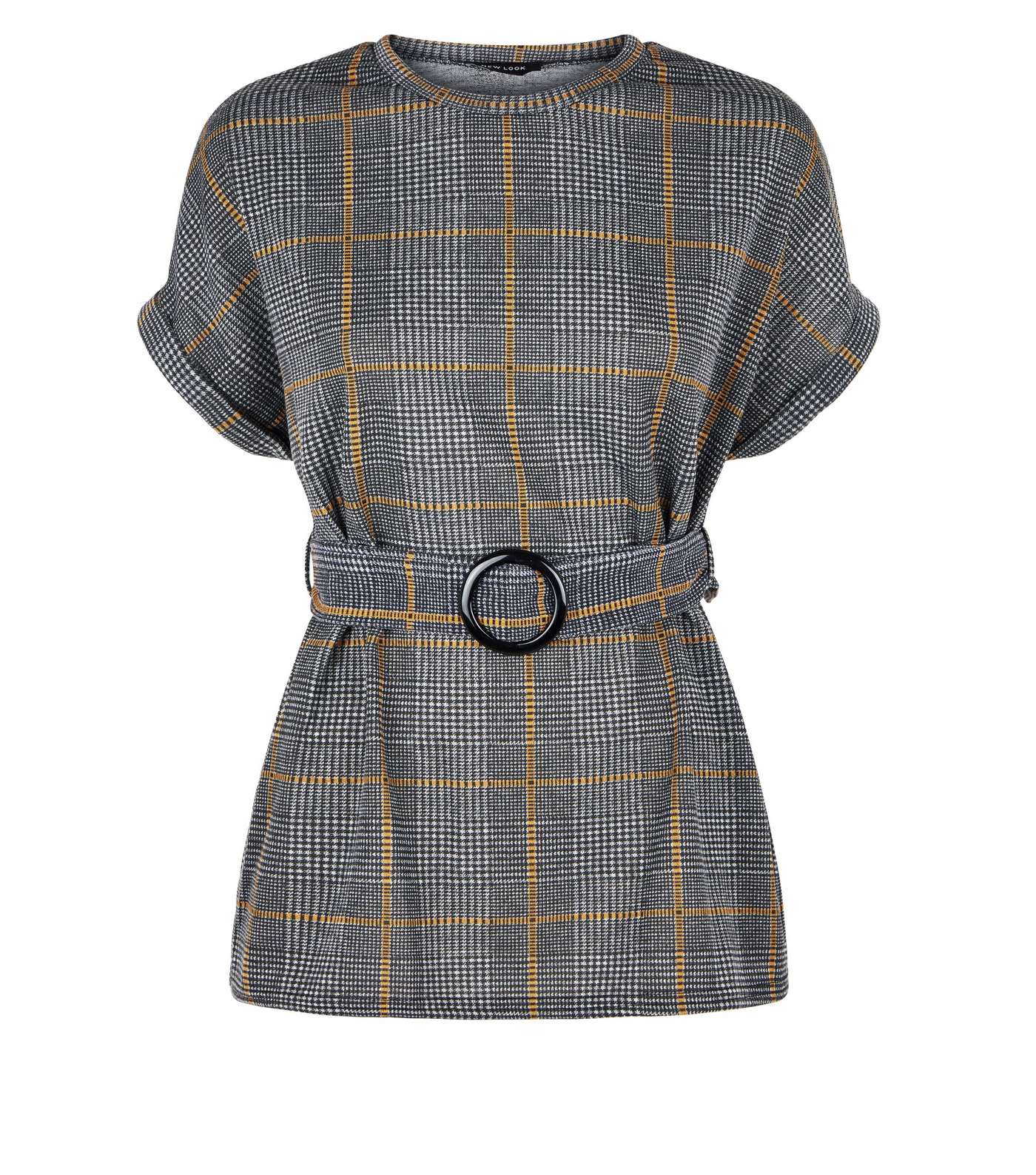 Grey Fine Knit Check Belted Tunic Top Image 4